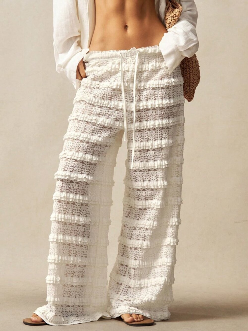 White Boho Casual Women's High Waist Wide Leg Knit Lace Frill Pants